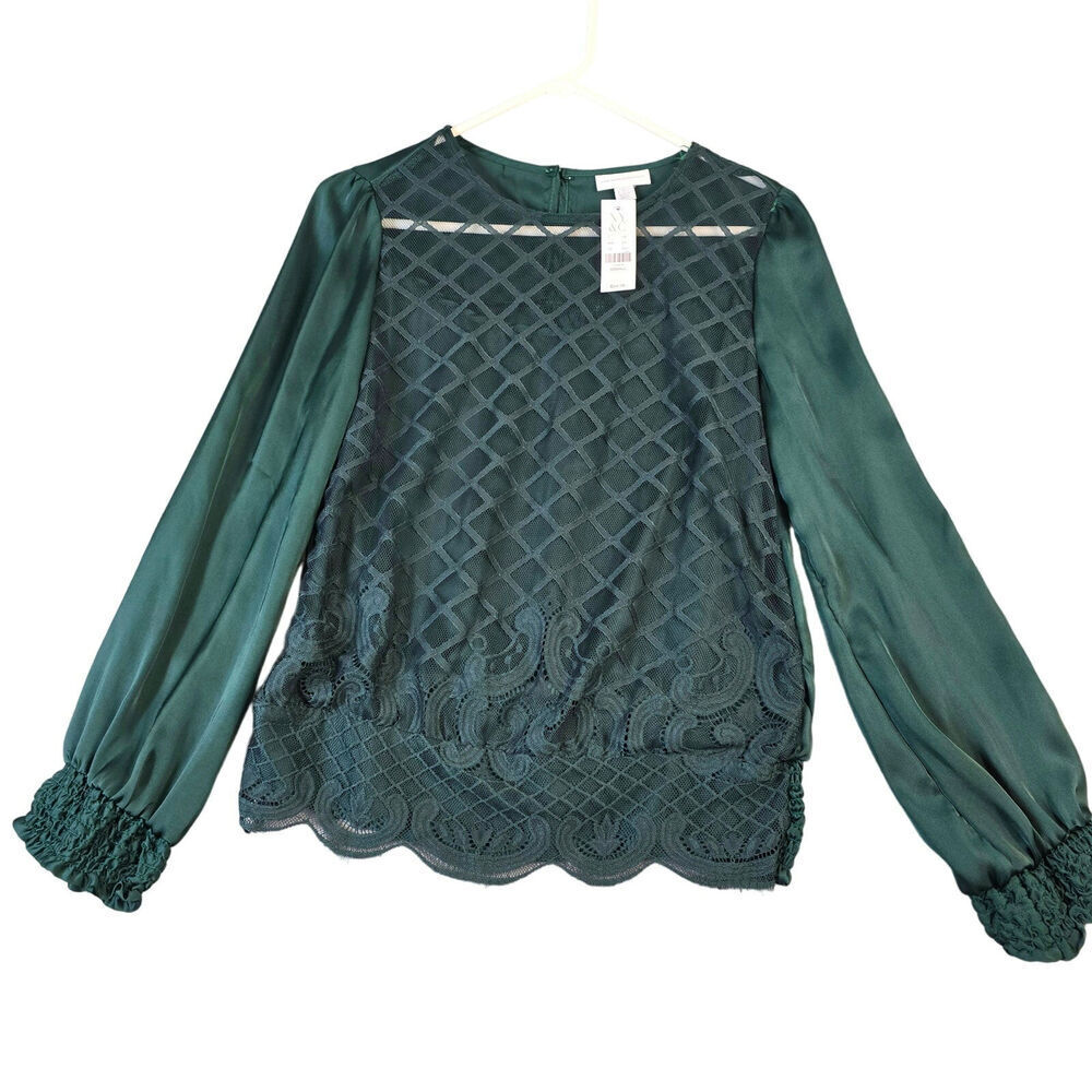 NY&C Sheer Mesh Blouse Women's XS Smocking Cuffs Bishop Sleeve Crochet Lace New